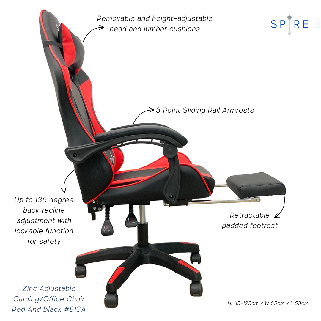 Red and black gaming office chair with adjustable features on a white background