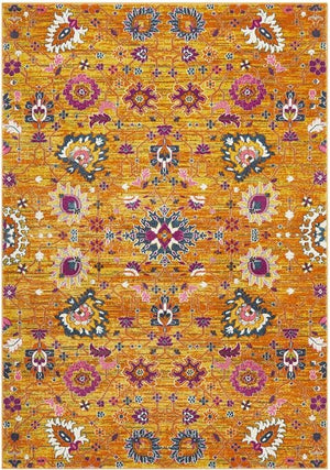 A rectangular orange rug with a floral pattern featuring various colors such as pink, purple, and blue.