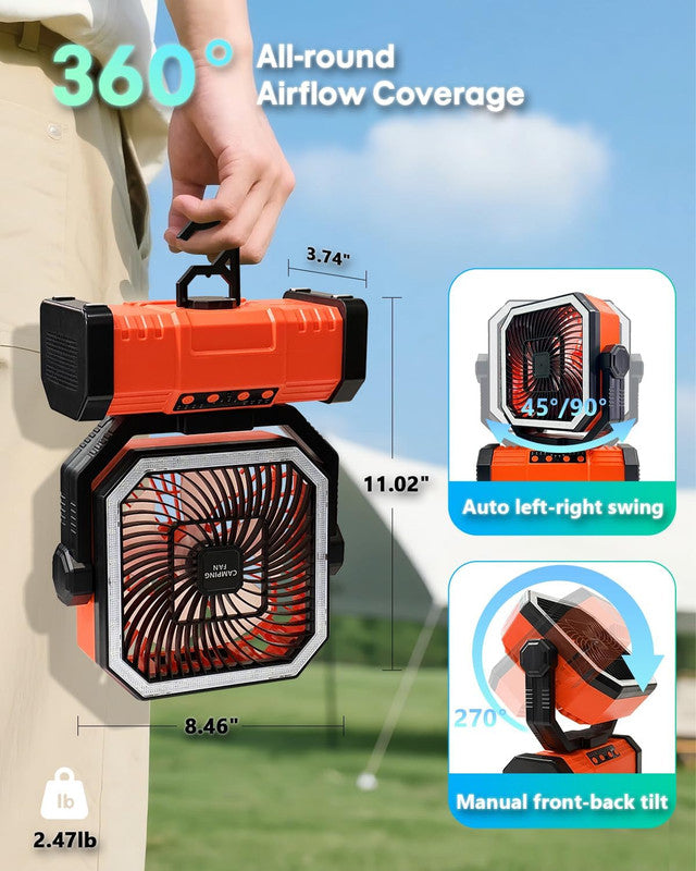 20000mAh Portable Camping Fan, Rechargeable Battery Operated Oscillating Camp Tent Fan W/Remote control, 4 Speeds, LED lights & 360° Rotation Hook for Outdoor RV Travel Orange
