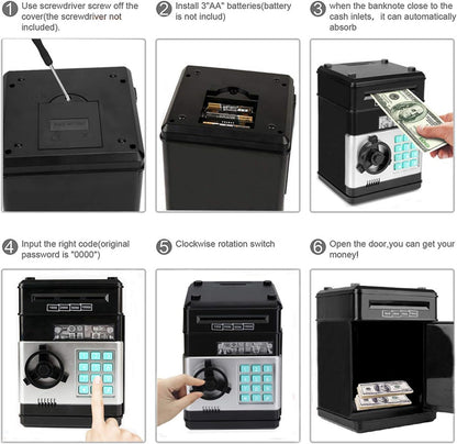 Toys for Kids Ages 5-7, 8-10, Electronic ATM Password Cash Coin Can Auto Scroll Paper Money Saving Box Toys for 6 7 8 9 10 11 12 Year Old Girl Christmas Birthday Gifts black