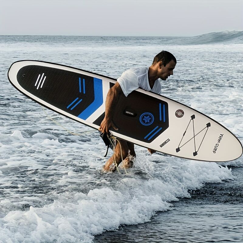 Inflatable vertical paddle set for water sports and surfing - including air pump, paddle, rope, backpack, fin box and maintenance tools. - Factory Direct Shop