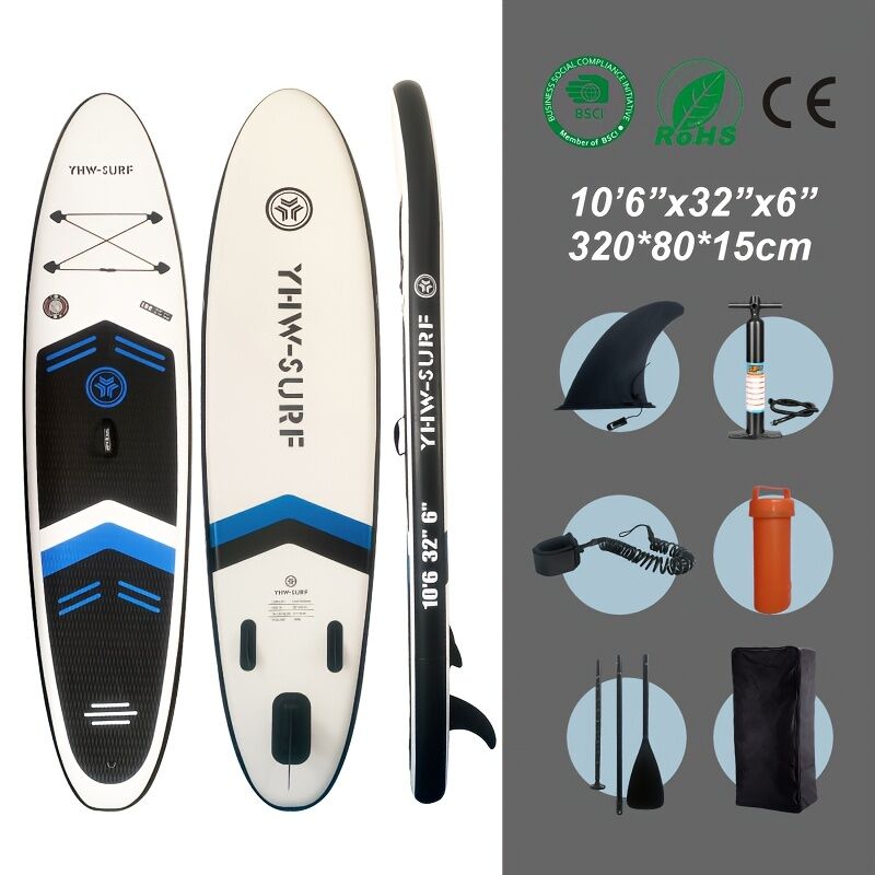 Inflatable vertical paddle set for water sports and surfing - including air pump, paddle, rope, backpack, fin box and maintenance tools. - Factory Direct Shop
