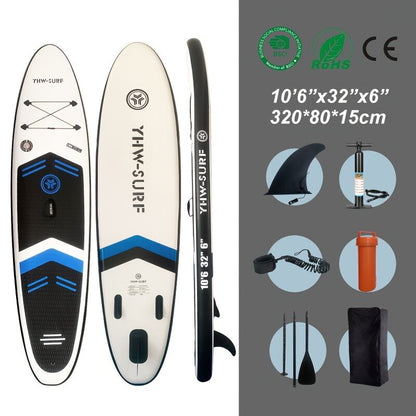 Inflatable vertical paddle set for water sports and surfing - including air pump, paddle, rope, backpack, fin box and maintenance tools. - Factory Direct Shop