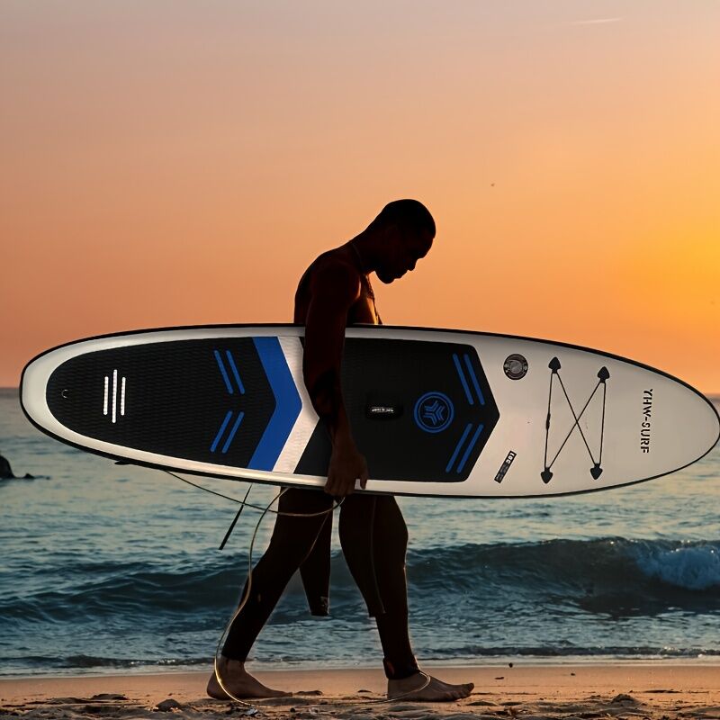 Inflatable vertical paddle set for water sports and surfing - including air pump, paddle, rope, backpack, fin box and maintenance tools. - Factory Direct Shop