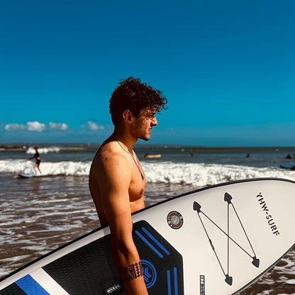 Inflatable vertical paddle set for water sports and surfing - including air pump, paddle, rope, backpack, fin box and maintenance tools. - Factory Direct Shop