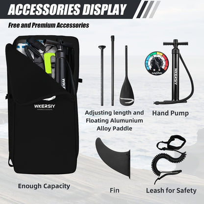 Inflatable vertical paddle set for water sports and surfing - including air pump, paddle, rope, backpack, fin box and maintenance tools. - Factory Direct Shop