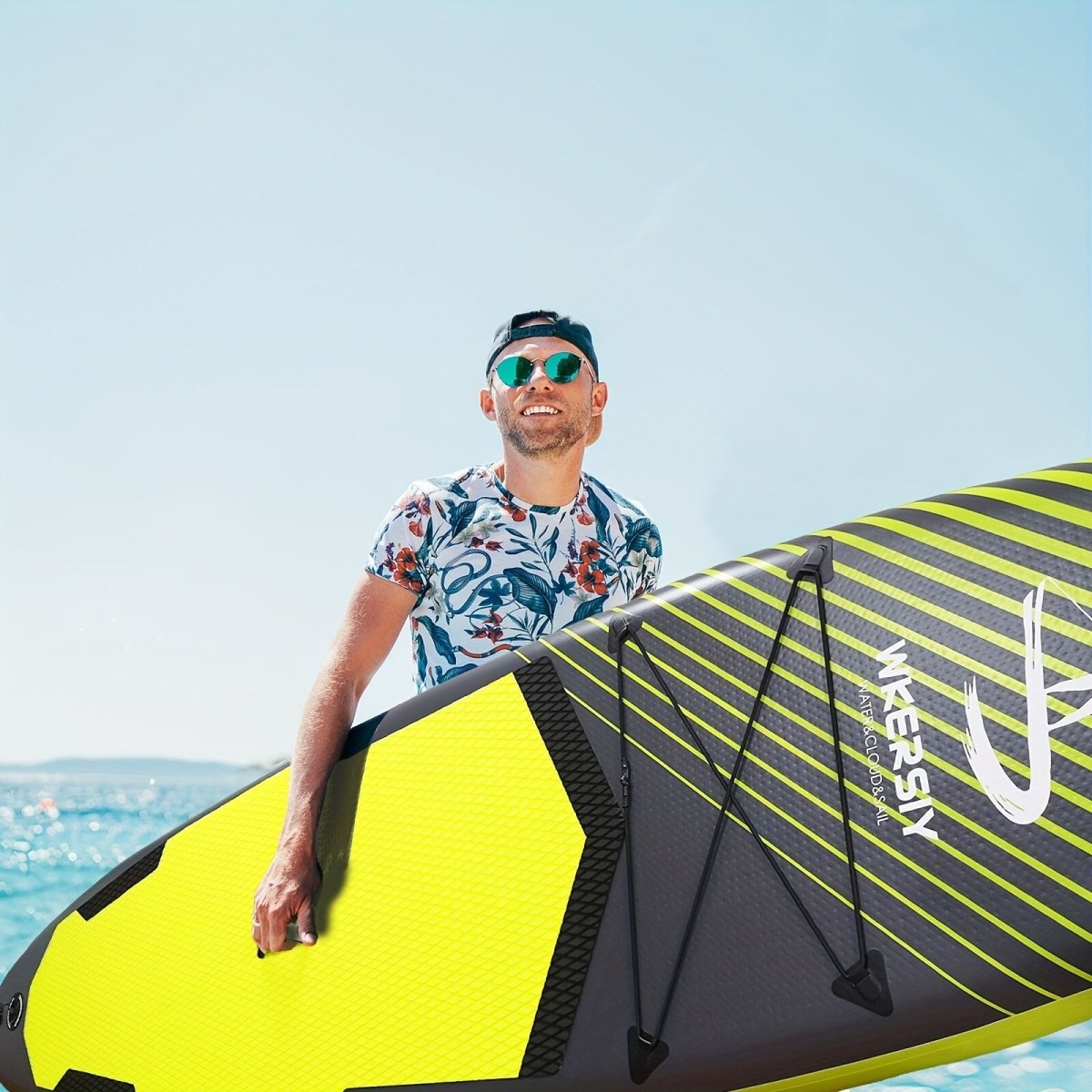 Inflatable vertical paddle set for water sports and surfing - including air pump, paddle, rope, backpack, fin box and maintenance tools. - Factory Direct Shop