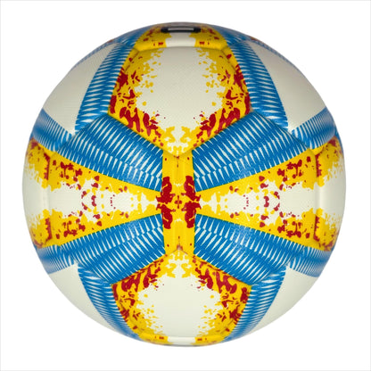 A yellow, blue and red football with color matching size5, PU fitting material, Christmas Boxing Day gift, including pump+air needle+net bag set,soccer