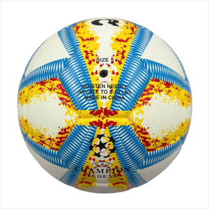 A yellow, blue and red football with color matching size5, PU fitting material, Christmas Boxing Day gift, including pump+air needle+net bag set,soccer