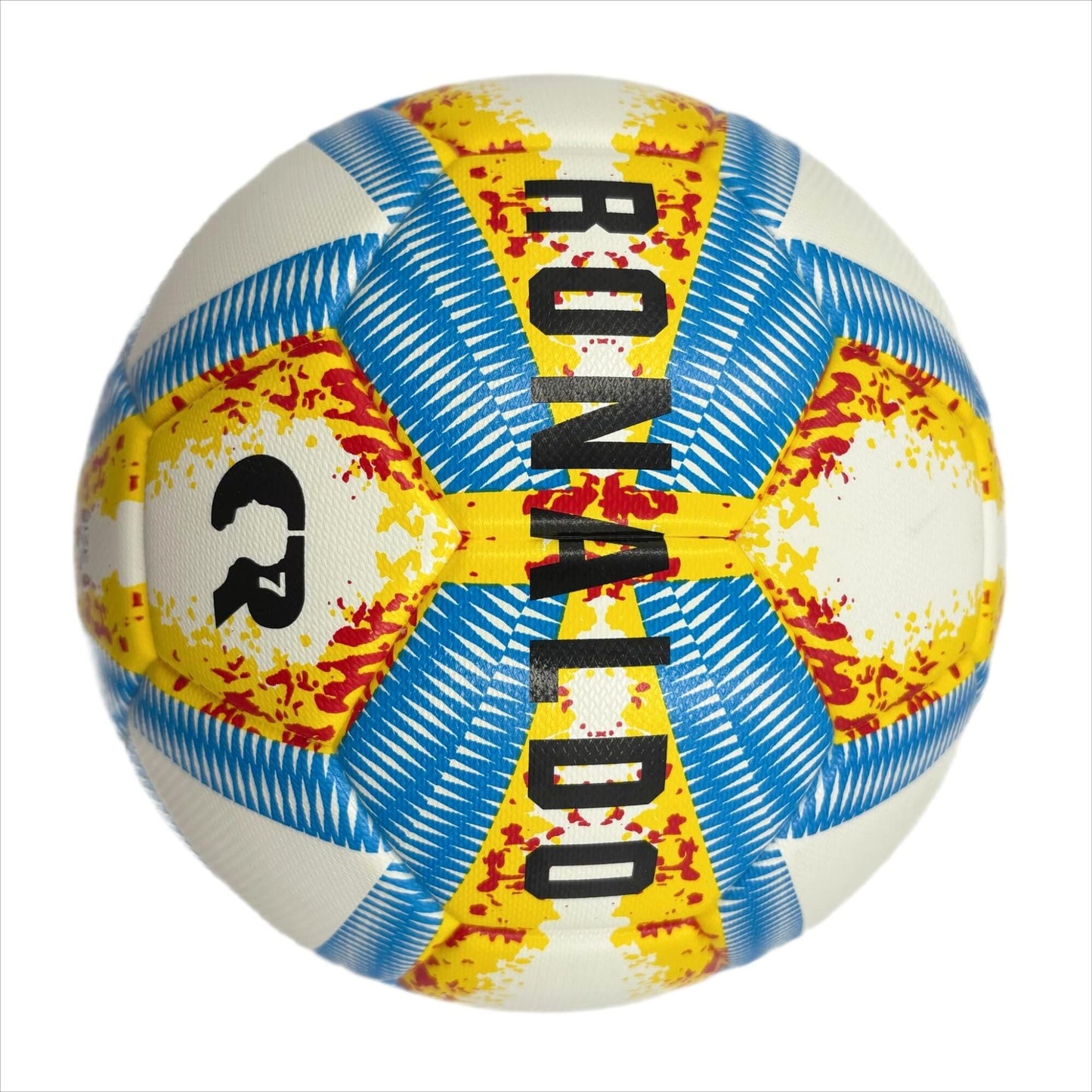 A yellow, blue and red football with color matching size5, PU fitting material, Christmas Boxing Day gift, including pump+air needle+net bag set,soccer
