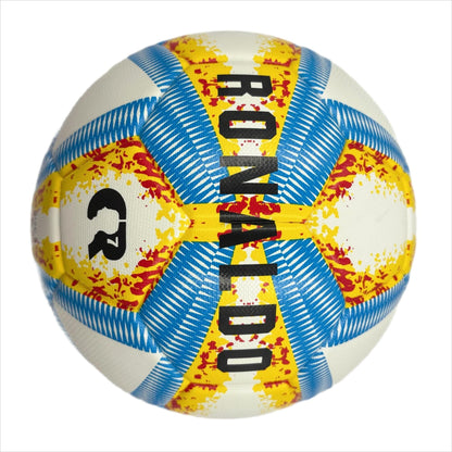 A yellow, blue and red football with color matching size5, PU fitting material, Christmas Boxing Day gift, including pump+air needle+net bag set,soccer