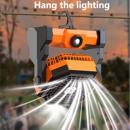 A portable outdoor camping fan with adjustable brightness, LED light strip hook, USB rechargeable, built-in 7800mAh battery for long battery life, 270° adjustable outdoor cooling fan, stepless speed change, silent, suitable for camping, terraces, pets, an