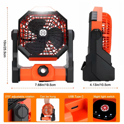 A portable outdoor camping fan with adjustable brightness, LED light strip hook, USB rechargeable, built-in 7800mAh battery for long battery life, 270° adjustable outdoor cooling fan, stepless speed change, silent, suitable for camping, terraces, pets, an