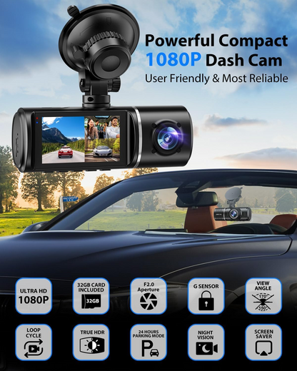 Three-camera dash cam C309, equipped with dual front cameras, an interior camera and a reversing camera - a dash cam for cars. Supports WIFI, loop recording, night vision, motion detection, parking monitoring - suitable for taxis, trucks, SUVs, sedans - c