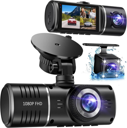 Three-camera dash cam C309, equipped with dual front cameras, an interior camera and a reversing camera - a dash cam for cars. Supports WIFI, loop recording, night vision, motion detection, parking monitoring - suitable for taxis, trucks, SUVs, sedans - c