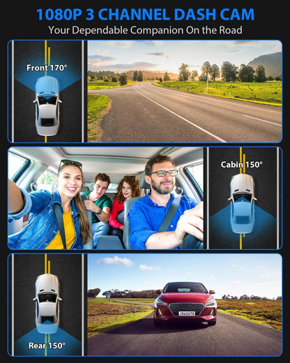 Three-camera dash cam C309, equipped with dual front cameras, an interior camera and a reversing camera - a dash cam for cars. Supports WIFI, loop recording, night vision, motion detection, parking monitoring - suitable for taxis, trucks, SUVs, sedans - c