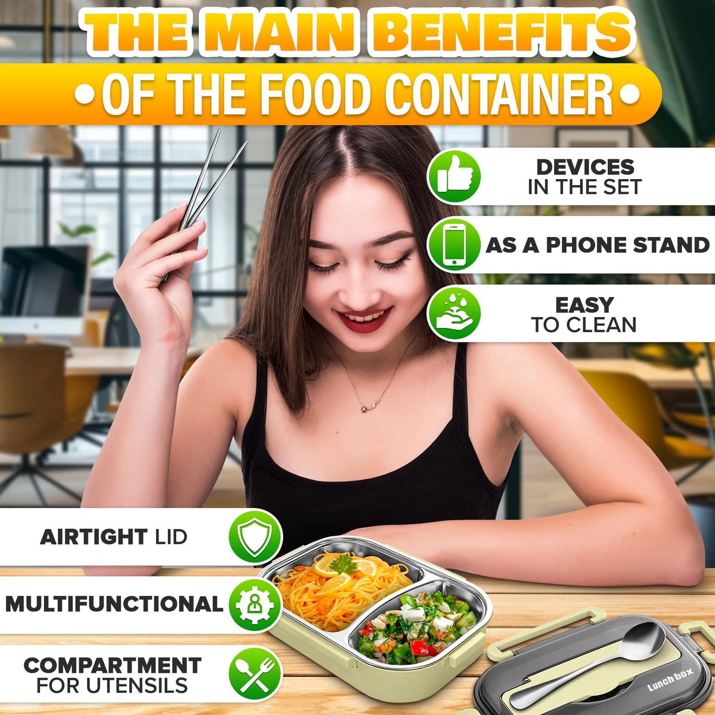 Stainless Steel Bento Lunch Box with Dual Compartments & Utensils – Microwave & Dishwasher Safe for Adults (Green) - Factory Direct Shop