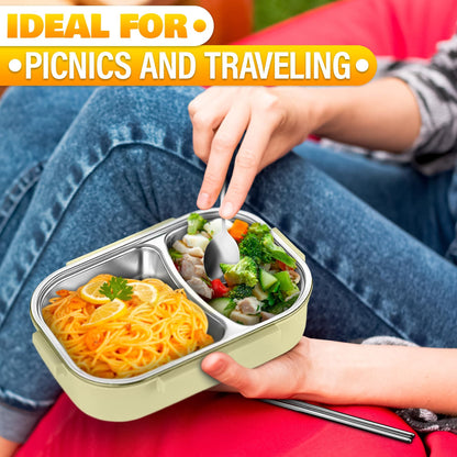 Stainless Steel Bento Lunch Box with Dual Compartments & Utensils – Microwave & Dishwasher Safe for Adults (Green) - Factory Direct Shop
