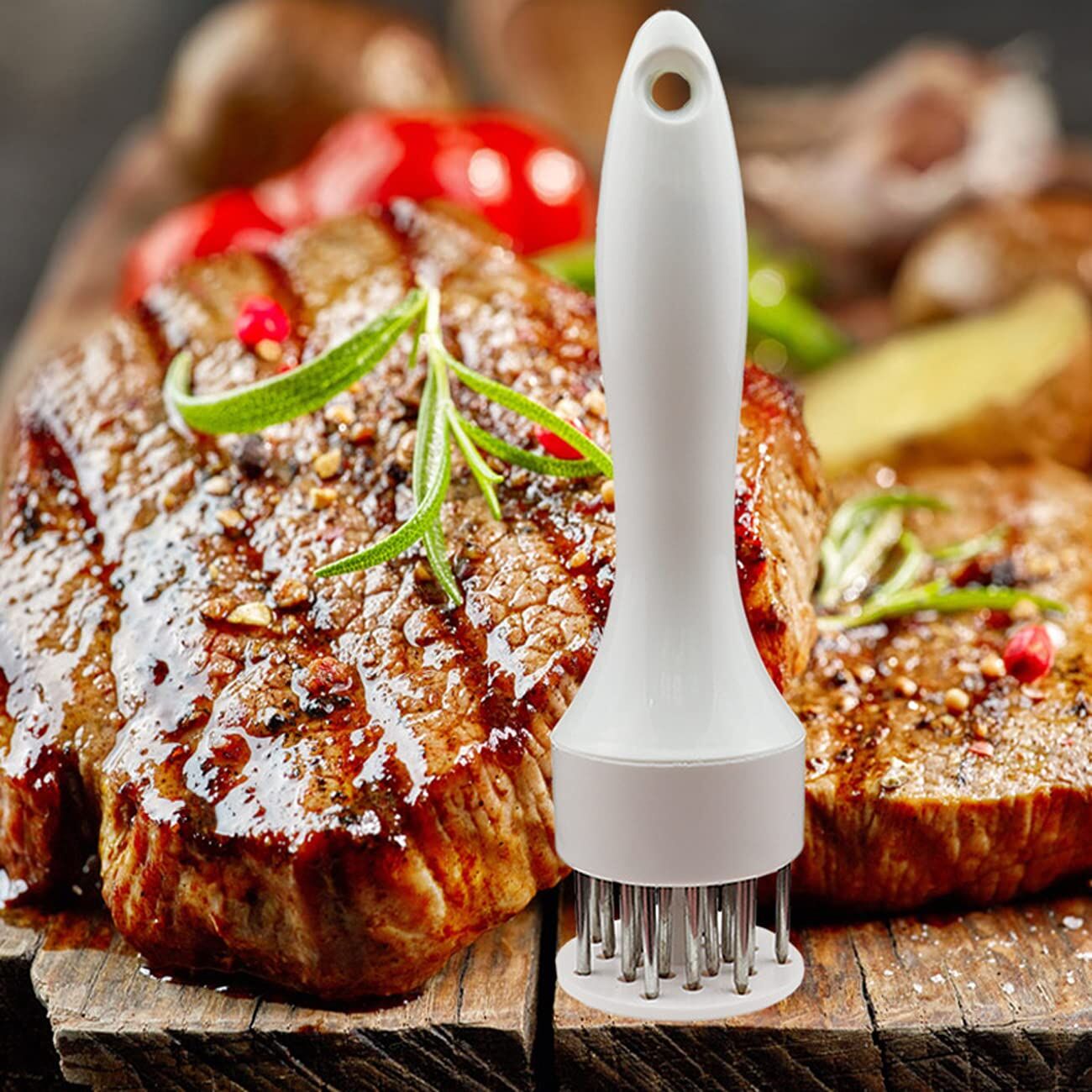 Meat Tenderizer Set with Stainless Steel Needles – 2 - Piece Kitchen Tool for Marinating & Cooking Beef, Chicken, Pork, Fish (Black & White) - Factory Direct Shop