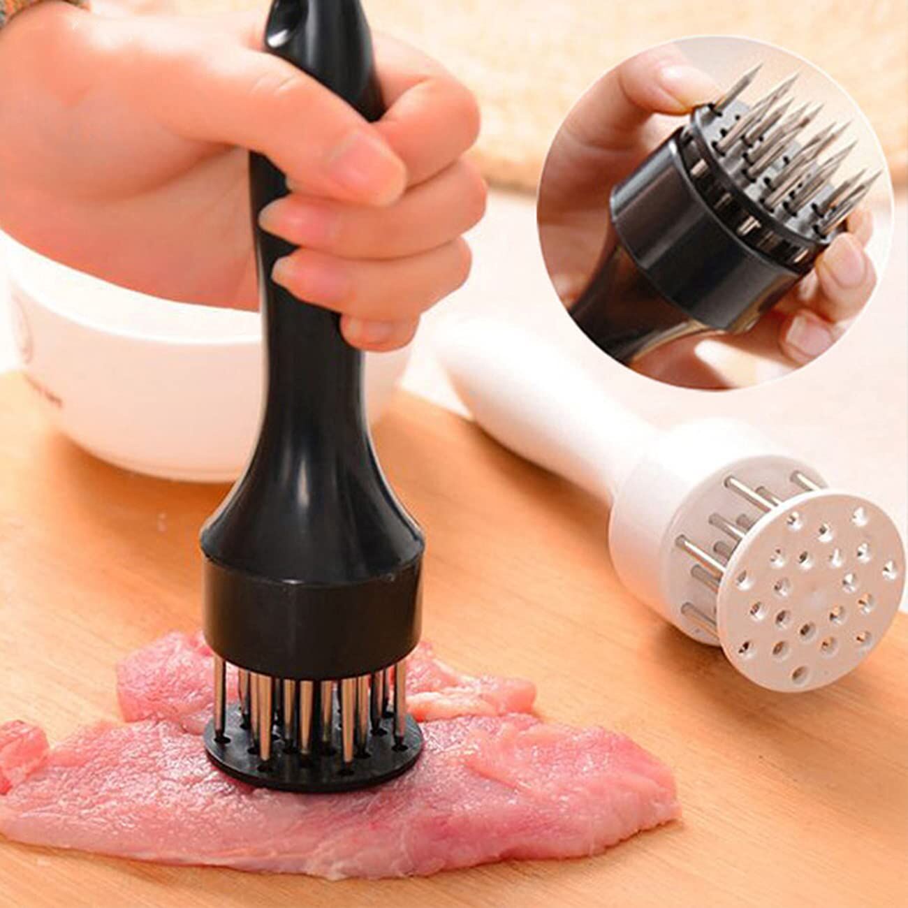 Meat Tenderizer Set with Stainless Steel Needles – 2 - Piece Kitchen Tool for Marinating & Cooking Beef, Chicken, Pork, Fish (Black & White) - Factory Direct Shop