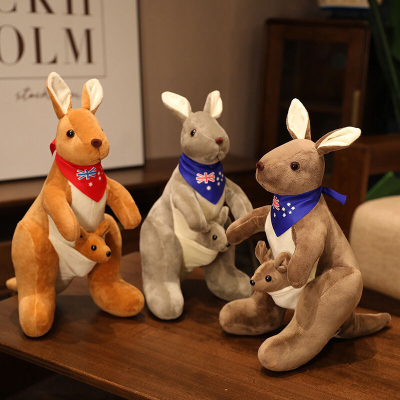 Kangaroo Stuffed Animal with Joey in Pouch & Australia Scarf - Soft Cuddly Plush Toy(45cm, light grey)| Other Colors Available in Store