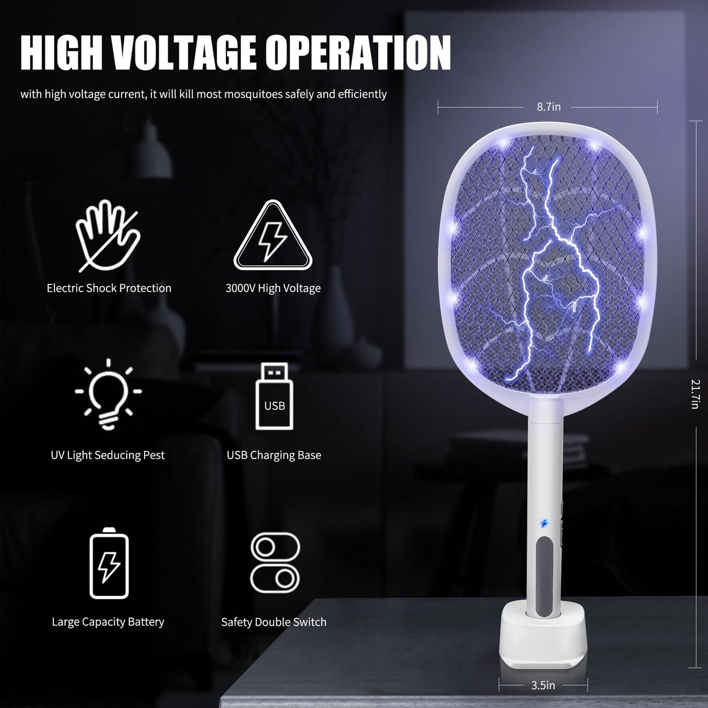 Dual - Mode UV Electric Mosquito Swatter with LED Attraction & 3000V Zapper – Rechargeable Bug Killer for Indoor and Outdoor Use (White) - Factory Direct Shop