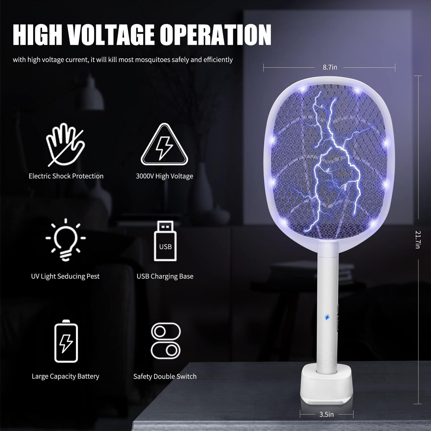 Dual - Mode UV Electric Mosquito Swatter with LED Attraction & 3000V Zapper – Rechargeable Bug Killer for Indoor and Outdoor Use (White) - Factory Direct Shop