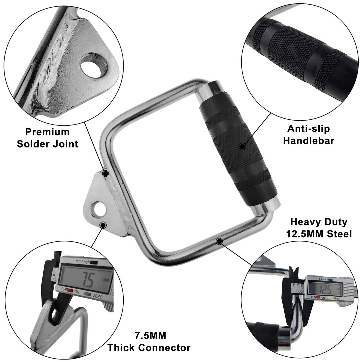 Solid D - Handle Cable Attachment for Home Gym & Cable Machine – Chrome - Finished Steel Bar with Anti - Slip Grip (Black) | - Factory Direct Shop