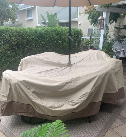 Patio Table & Chair Cover with Umbrella Hole: Water-Resistant Outdoor Furniture Cover for Rectangular/Oval Garden Sets(223x147x58 cm LxWxH)