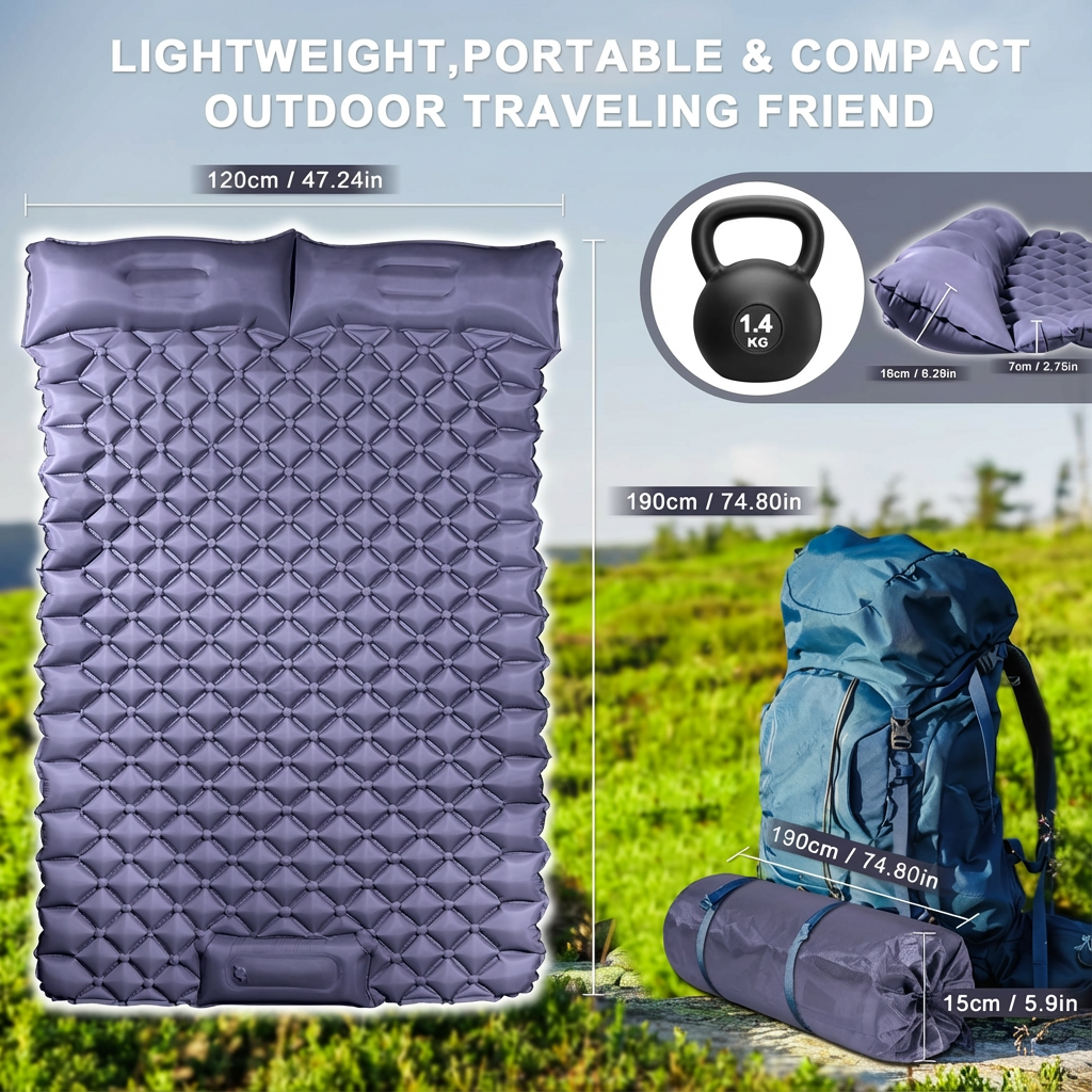 Double Camping Pad with Built-in Pillow: Foot Pump Inflatable Mattress for Tent/Backpacking – Ultralight, Foldable (Dark Blue)