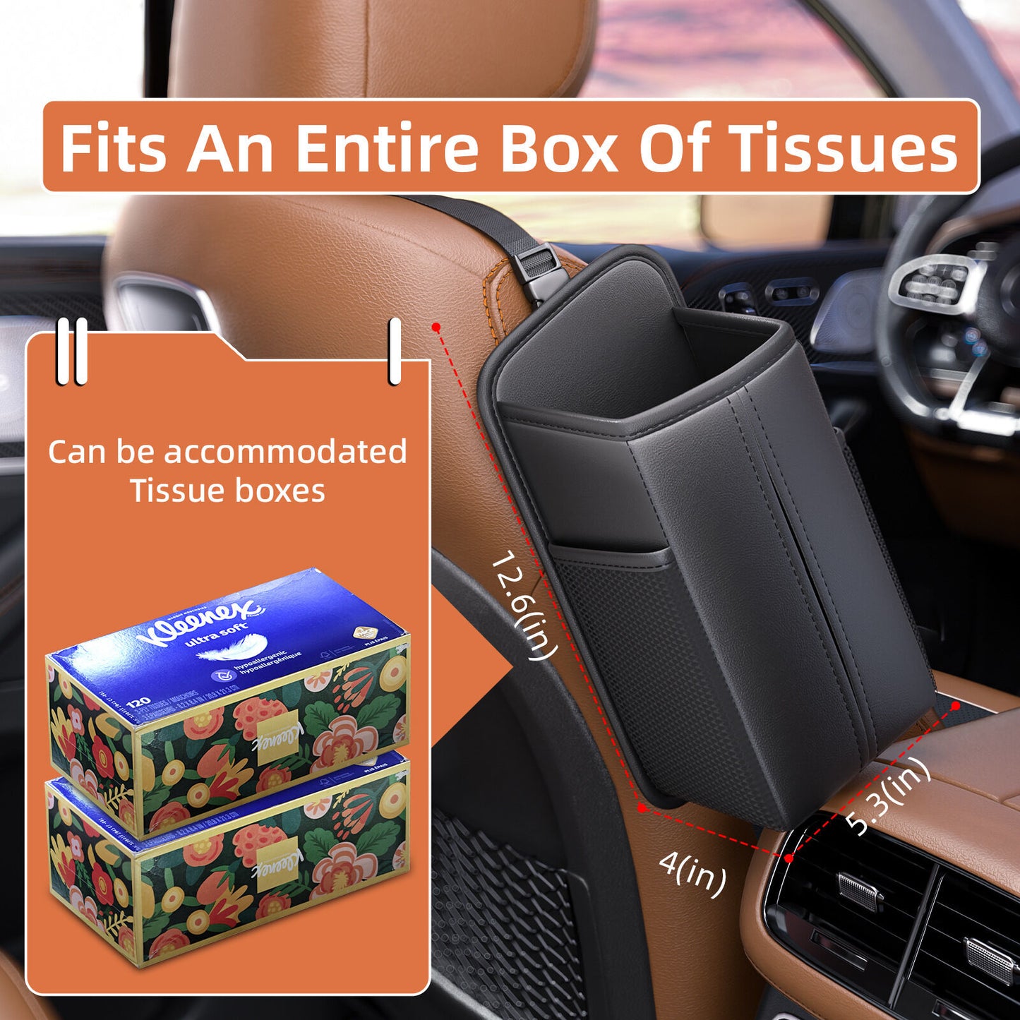 Car Seat Storage Organizer: Side-Mount Tissue Holder with Mesh Pockets – Waterproof Cup/Wallet Organizer for Cars/SUVs (Black)