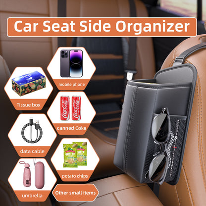 Car Seat Storage Organizer: Side-Mount Tissue Holder with Mesh Pockets – Waterproof Cup/Wallet Organizer for Cars/SUVs (Black)