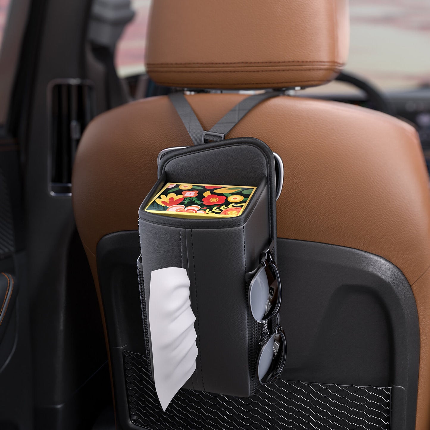 Car Seat Storage Organizer: Side-Mount Tissue Holder with Mesh Pockets – Waterproof Cup/Wallet Organizer for Cars/SUVs (Black)