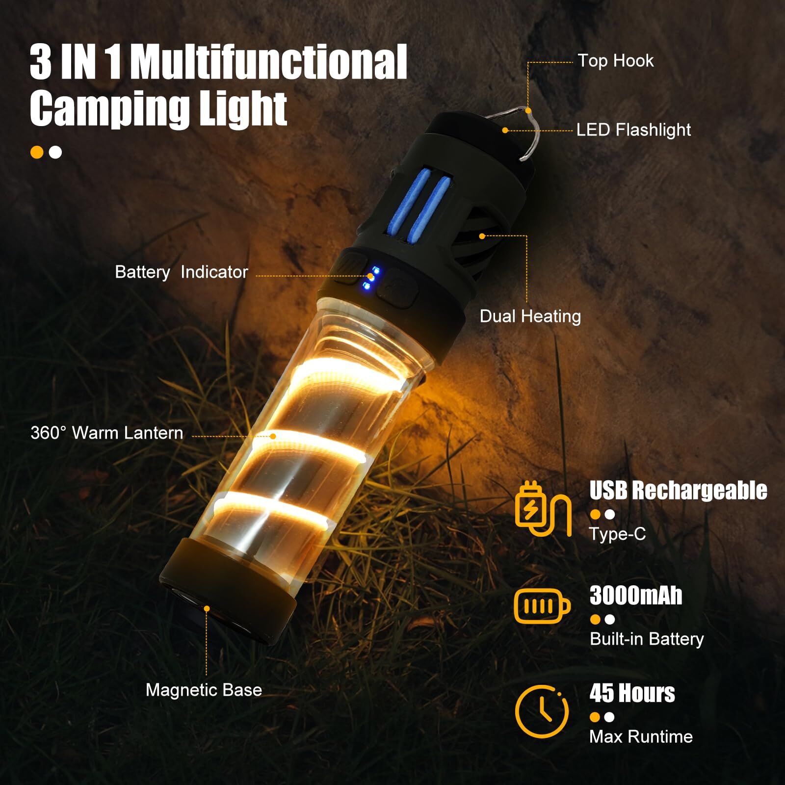 Rechargeable 3 - in - 1 Camping Light with Mosquito Repellent & Dual Heating – Bright Flashlight, Warm Lantern, Type - C Charging (Army Green) - Factory Direct Shop