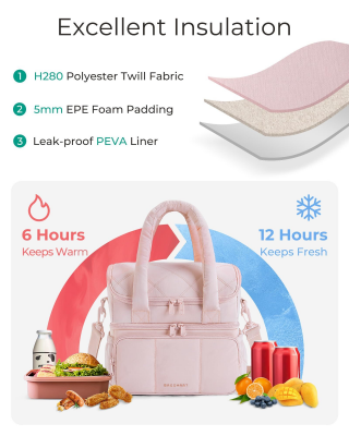 Double - Layer Insulated Lunch Bag with Quilted Design – 11.8L Cooler Tote for Work, Picnics & Travel (Pink) | Other Colors Available In - Store - Factory Direct Shop
