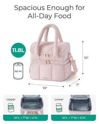Double - Layer Insulated Lunch Bag with Quilted Design – 11.8L Cooler Tote for Work, Picnics & Travel (Black) | Other Colors Available In - Store - Factory Direct Shop