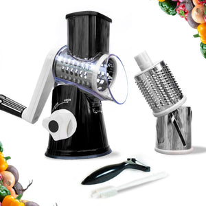 Manual Rotary Food Slicer & Grater with 3 Stainless Steel Drums – Suction Base Vegetable Shredder for Cheese, Potatoes & More (Black) - Factory Direct Shop