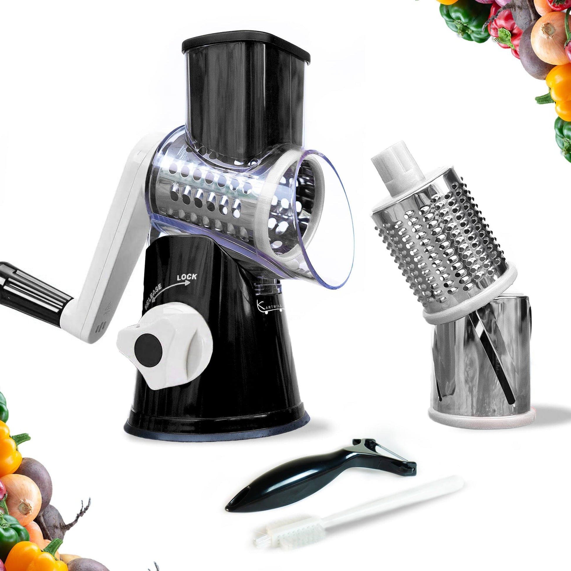 Manual Rotary Food Slicer & Grater with 3 Stainless Steel Drums – Suction Base Vegetable Shredder for Cheese, Potatoes & More (Black) - Factory Direct Shop