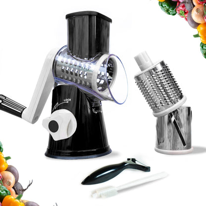 Manual Rotary Food Slicer & Grater with 3 Stainless Steel Drums – Suction Base Vegetable Shredder for Cheese, Potatoes & More (Black) - Factory Direct Shop