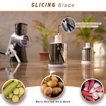 Manual Rotary Food Slicer & Grater with 3 Stainless Steel Drums – Suction Base Vegetable Shredder for Cheese, Potatoes & More (Black) - Factory Direct Shop