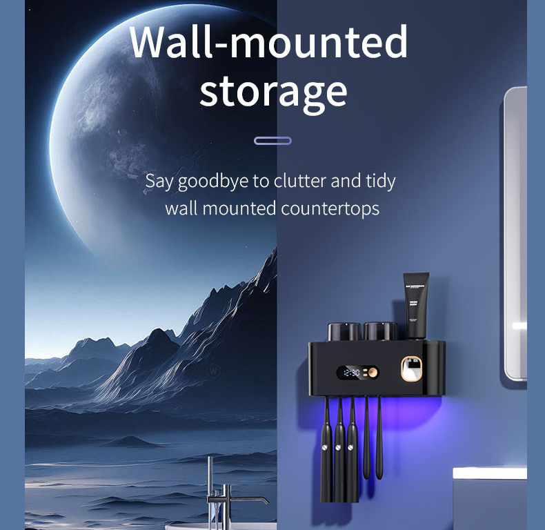 UV Toothbrush Holder with Disinfection & Toothpaste Dispenser – Wall - Mounted Bathroom Organizer with LED Display and 2 Cups - Factory Direct Shop