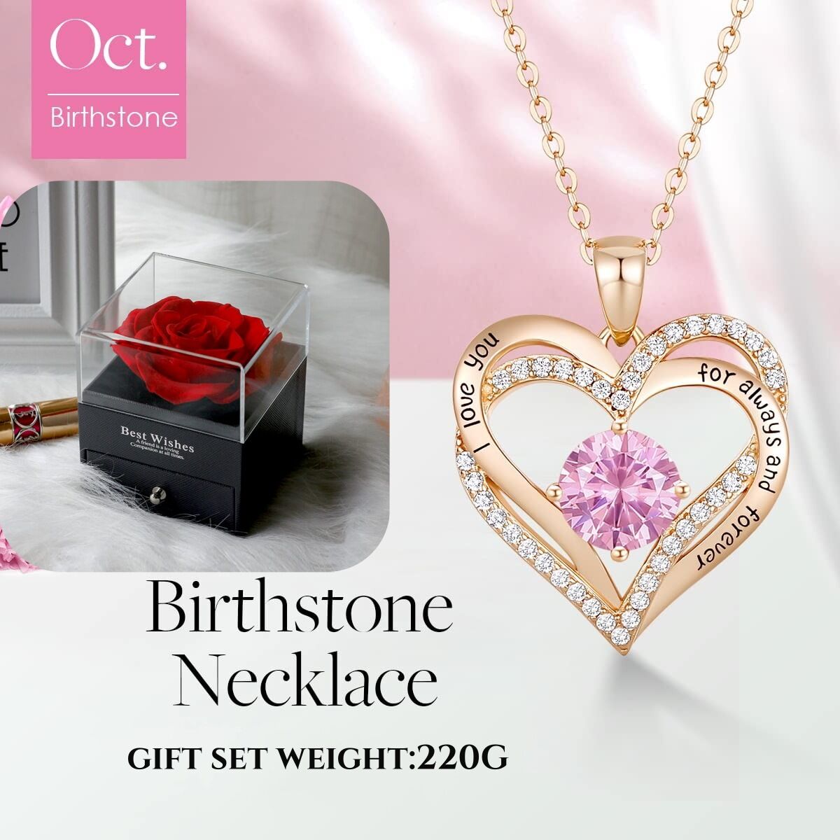 Forever Love Heart Birthstone Necklace: 925 Sterling Silver Personalized Jewelry for Mom, Wife, Friend with 12 Month Stone Options（pink diamond,October）