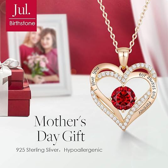 Forever Love Heart Birthstone Necklace: 925 Sterling Silver Personalized Jewelry for Mom, Wife, Friend with 12 Month Stone Options（red diamond,January）