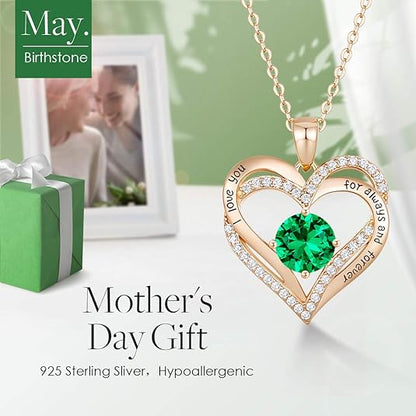 Forever Love Heart Birthstone Necklace: 925 Sterling Silver Personalized Jewelry for Mom, Wife, Friend with 12 Month Stone Options（green diamond,May）