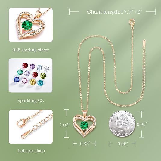 Forever Love Heart Birthstone Necklace: 925 Sterling Silver Personalized Jewelry for Mom, Wife, Friend with 12 Month Stone Options（green diamond,May）