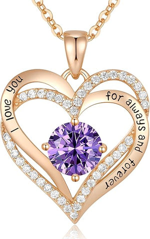 Forever Love Heart Birthstone Necklace: 925 Sterling Silver Personalized Jewelry for Mom, Wife, Friend with 12 Month Stone Options（purple diamond,February）