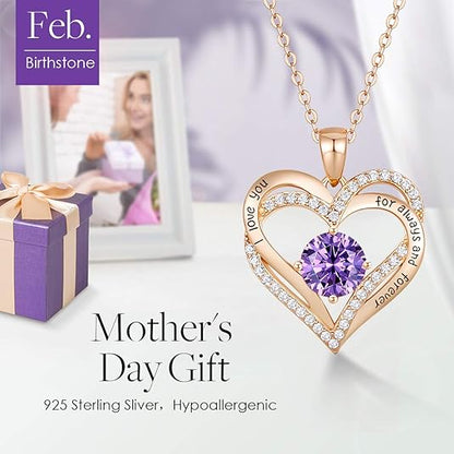 Forever Love Heart Birthstone Necklace: 925 Sterling Silver Personalized Jewelry for Mom, Wife, Friend with 12 Month Stone Options（purple diamond,February）