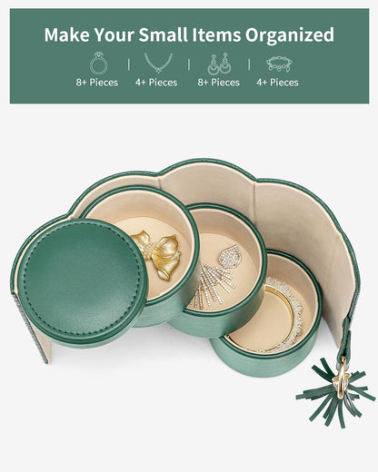 Green Travel Jewelry Case: 3-Layer PU Cylinder Organizer for Necklaces, Earrings, Gifts for Travelers & Jewelry Lovers