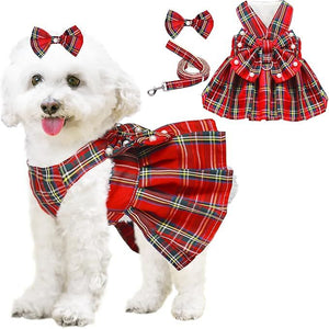 pet products Dog Dress Bowknot Harness Leash Set for Small Dogs Girl Cute Plaid Dog Dress Pearls Bow Tie Spring Summer Princess Clothes Birthday Holiday Doggie Outfits for Puppy Cats Girl Apparel - Factory Direct Shop