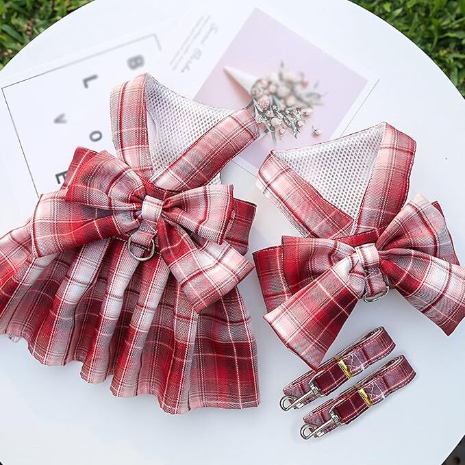 pet products Dog Dress Bowknot Harness Leash Set for Small Dogs Girl Cute Plaid Dog Dress Pearls Bow Tie Spring Summer Princess Clothes Birthday Holiday Doggie Outfits for Puppy Cats Girl Apparel - Factory Direct Shop